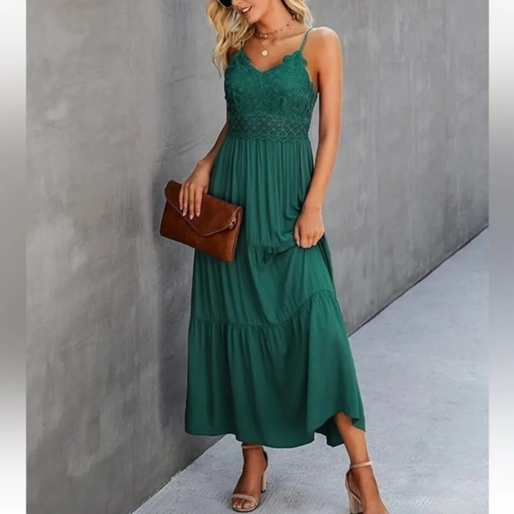 Dokuritu Beach Crochet Lace Green Maxi Dress Strappy‎ Summer Women’s Small NWT
